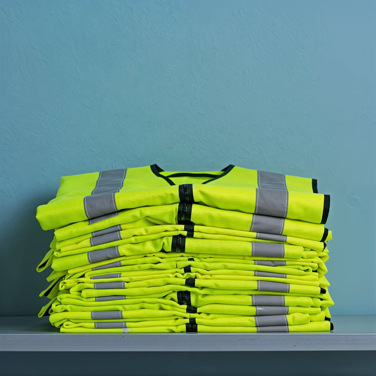 Neat stack of high-visibility reflective vests folded on a shelf