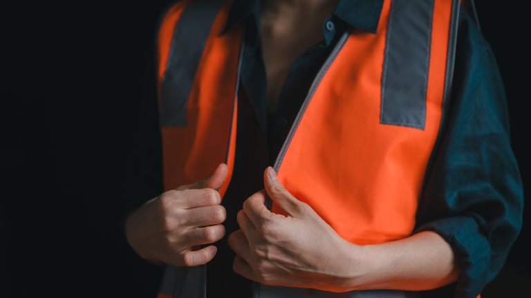 Close-up of a person wearing a safety vest for workplace protection, emphasizing occupational safety and health awareness in industrial or construction environments