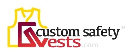 Custom Safety Vests logo featuring yellow vest outline and burgundy square with stylized vest graphic