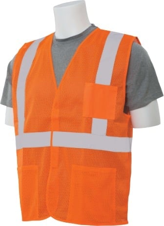 Bright orange safety vest with reflective silver stripes and multiple pockets, displayed on mannequin