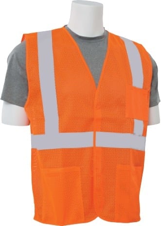Bright orange high-visibility safety vest with reflective silver stripes worn over gray shirt on mannequin