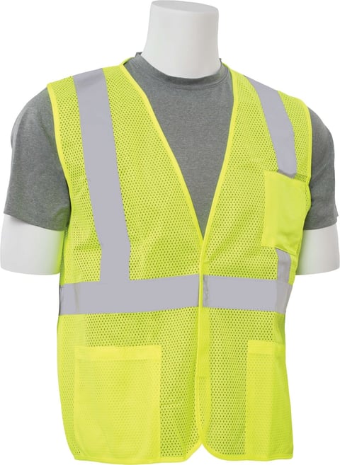 Neon yellow safety vest with gray reflective stripes worn over gray t-shirt on a mannequin