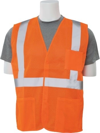 Orange and gray high-visibility safety vest with reflective strips worn over a gray t-shirt on a mannequin
