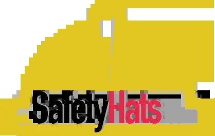 Pixelated yellow construction hard hat with Safety Hats logo text overlay in black and red