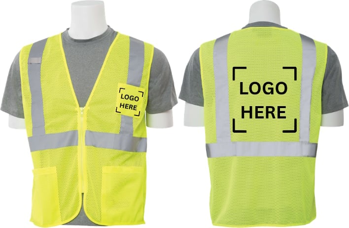Neon yellow safety vest mockup shown from front and back views with logo placement areas on chest and back