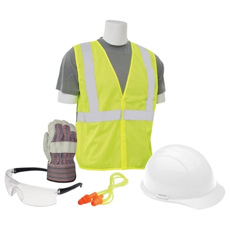 Construction safety equipment including neon yellow reflective vest, white hard hat, safety glasses, work gloves, and ear protection.
