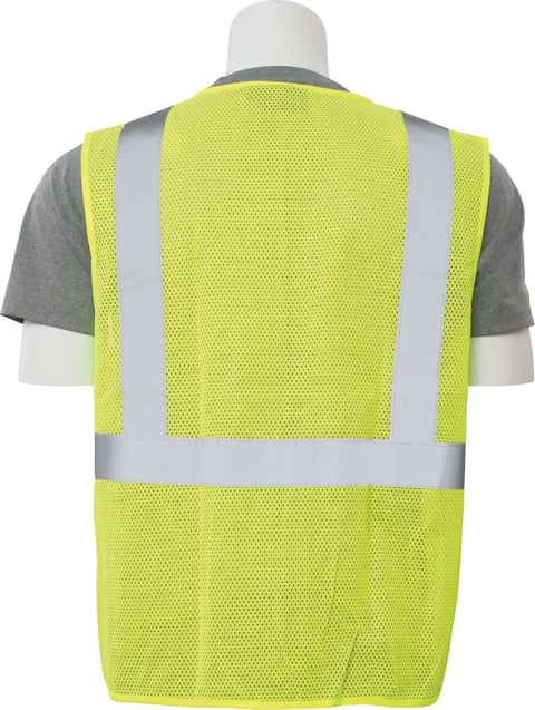 Back view of a high-visibility yellow safety vest with reflective silver stripes on a mannequin wearing a gray shirt