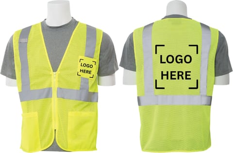 Front and back view of neon yellow safety vest with reflective stripes and logo placement areas on gray shirt