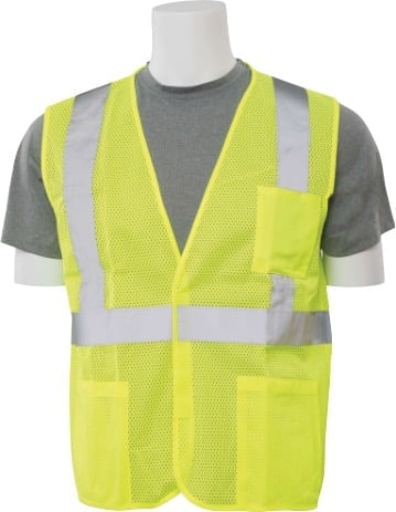 Yellow reflective safety vest with silver striping displayed on a gray mannequin torso